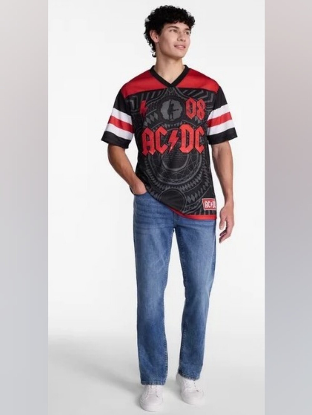 AC/DC Black Red and White V-Neck Graphic Soceer  Jersey Men's Size XS